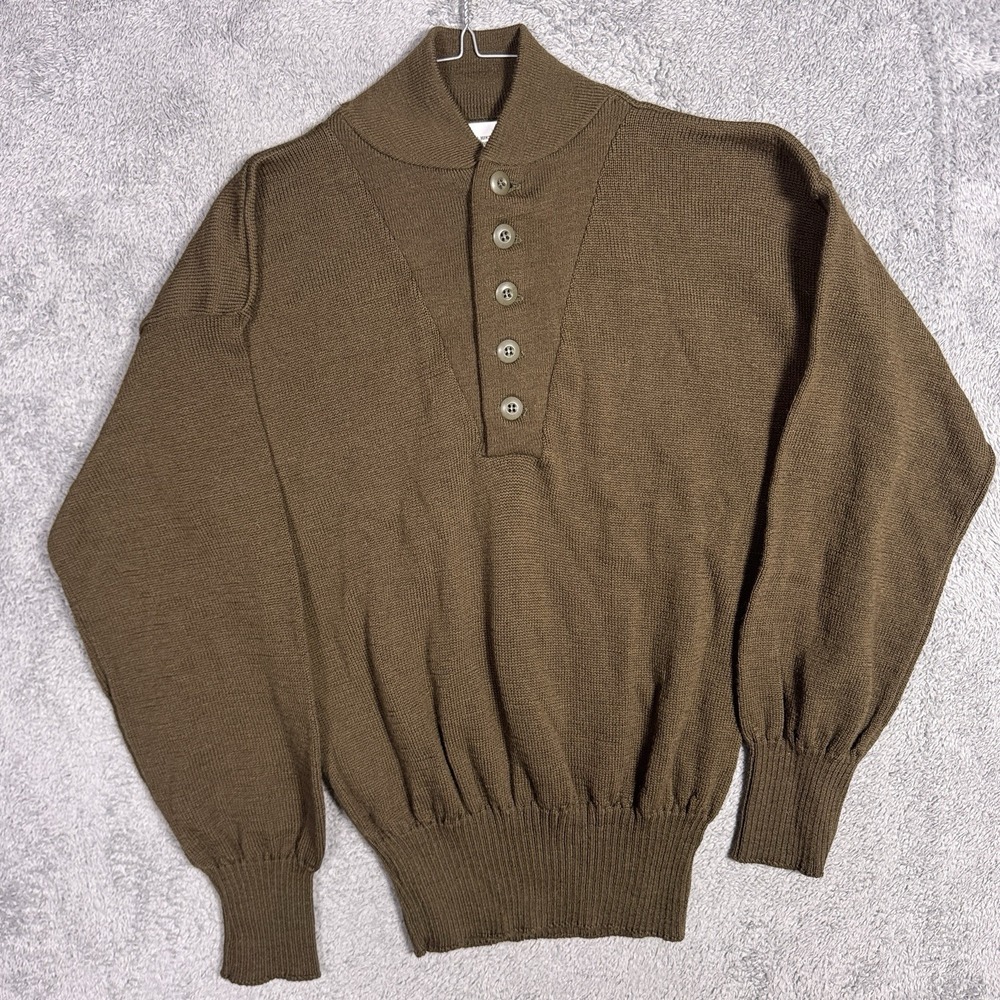 Sweater Mans 100% Wool Olive Drab L 42-44 Shawl Henley Pullover F192 OD Knit VTG